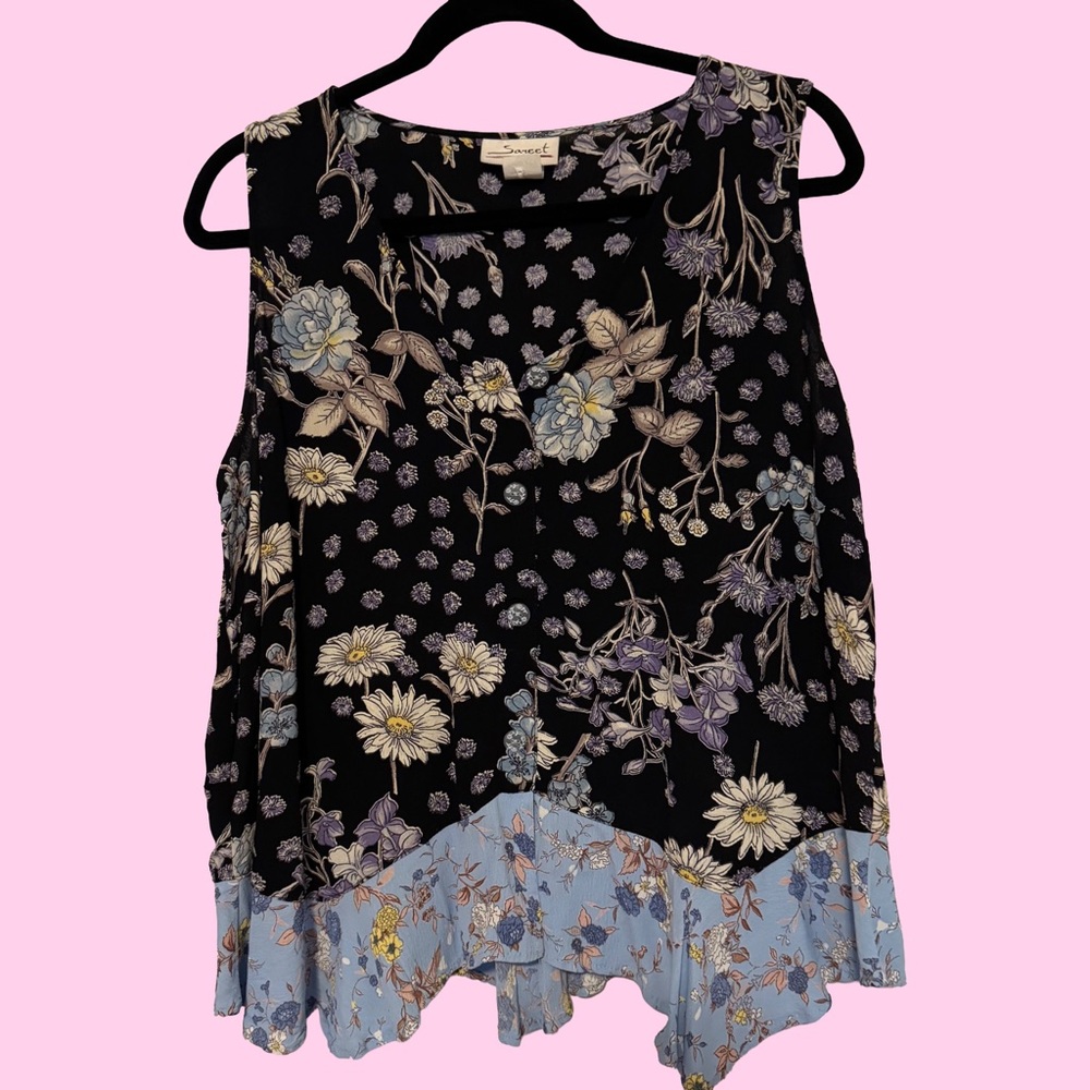 Vintage Y2K Sareet Blue Floral Sleeveless Top  - Sz L-XL